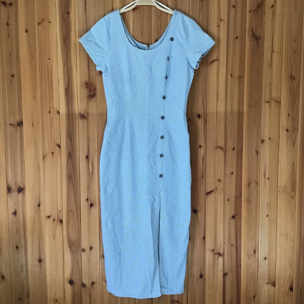 Denim Pinstripe Dress Long Blue White USA Like New Vintage 90’s Midi